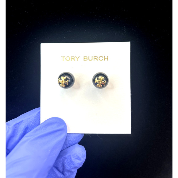 Tory Burch Earrings Black Pearl w/ Double-T Logo in Gold Studs 3/8 New Designer - Picture 1 of 7